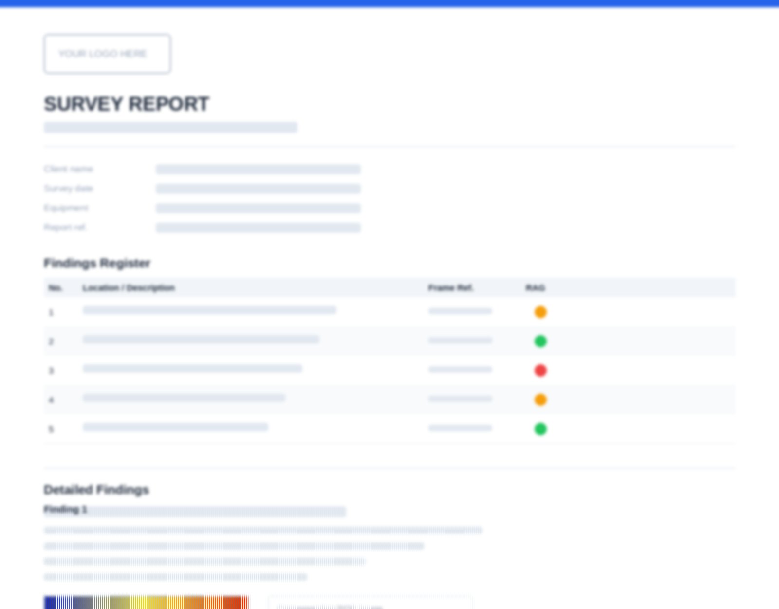 Illustrative preview of a SkyReports findings register and detailed finding layout